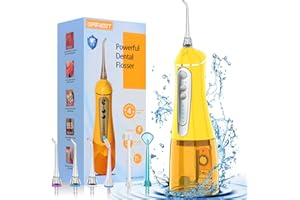 GRINEST Water Dental flosser for Teeth Cleaning - Rechargeable Cordless Oral Irrigator 4 Modes 6 Tips IPX 7 Waterproof Portable Teeth Cleaner Pick for Home Trave（Yellow）