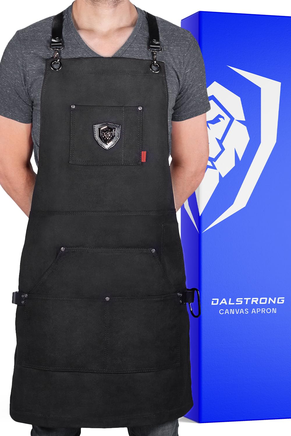 DALSTRONG Professional Chef's Kitchen Apron - Sous Team 6" - Heavy Duty Waxed Canvas - 5 Storage Pockets + Towel & Tong Loop - Liquid Repellent Coating - Genuine Leather Accents - Adjustable Straps