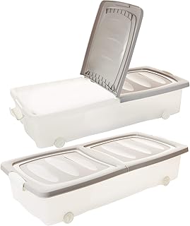 2friends Unterbettkommode Unterbettbox mit Rollen, 2 Stück, 80 x 40 x 17 cm (32 Liter), Deckel geteilt, mit Clip-Verschlüssen, transparent/Sand, Made in EU