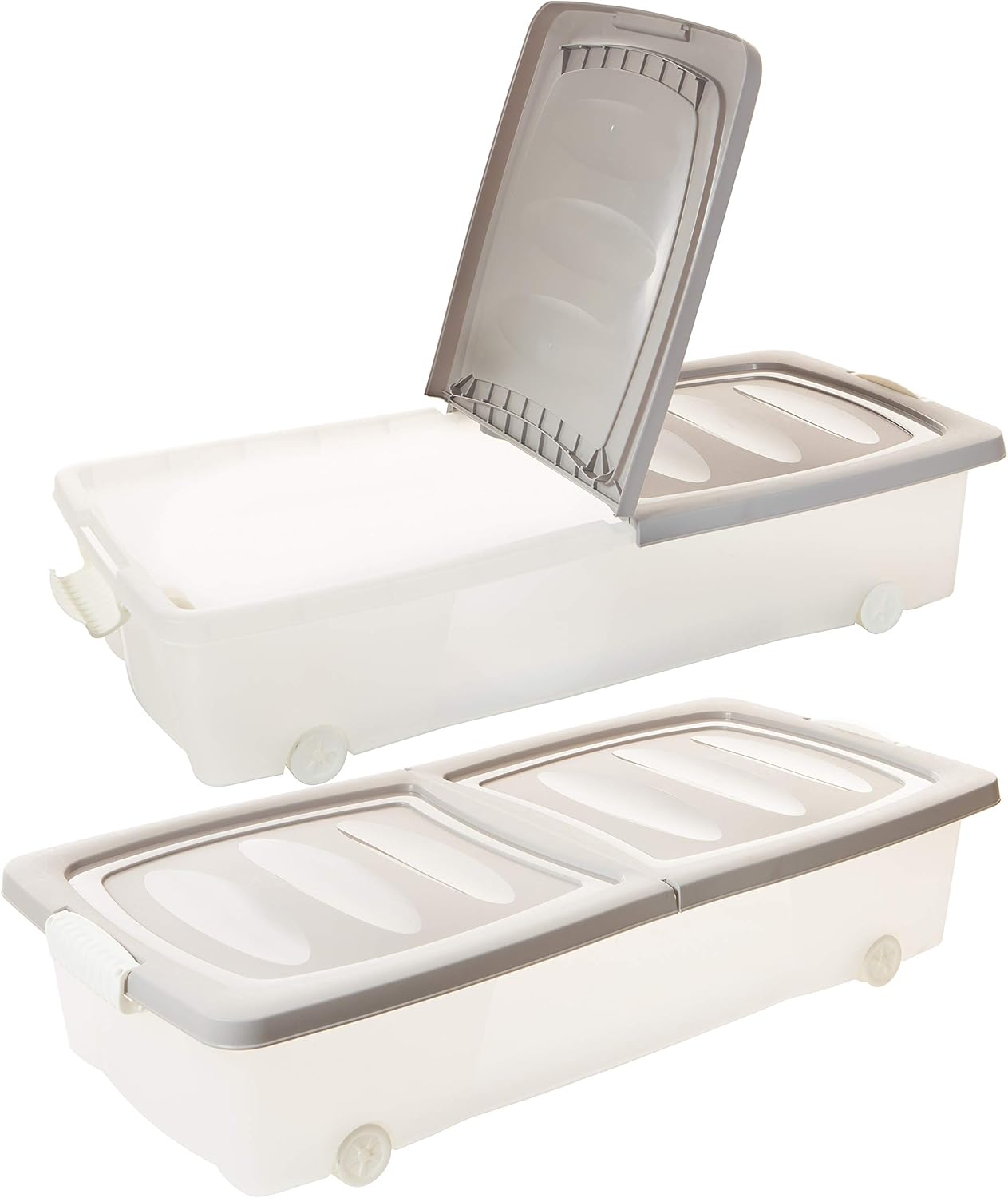 2friends Unterbettkommode Unterbettbox mit Rollen, 2 Stück, 80 x 40 x 17 cm (32 Liter), Deckel geteilt, mit Clip-Verschlüssen, transparent/Sand, Made in EU