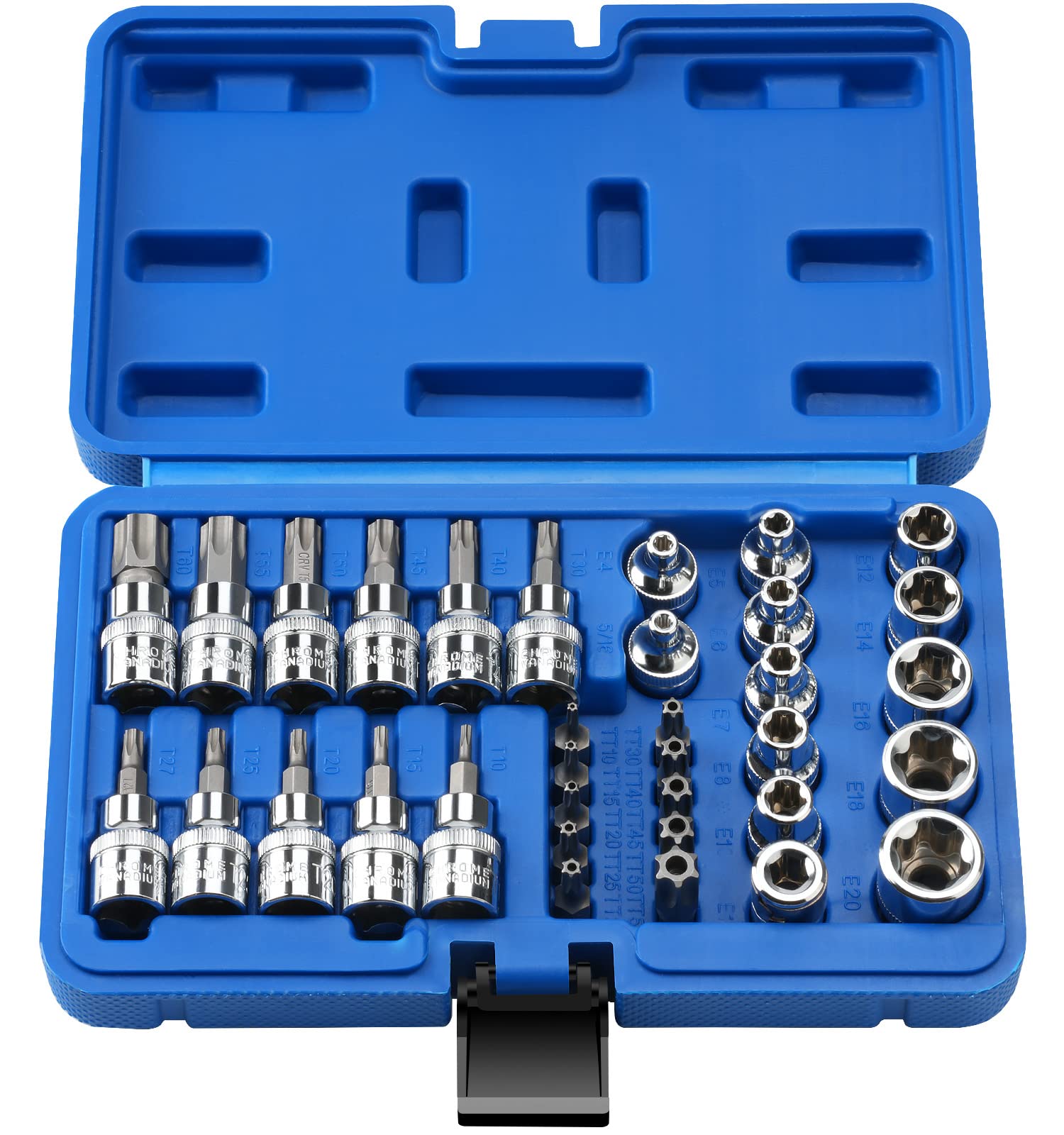 34 Piece E-TORX STAR Socket with CRV E-Socket Set E4-20, T10-60 Torx Bit Set, Retired Proof TT10-TT55 and 5/16 Inch F to 3/8 Inch M Adapter, 3/8 Inch Drive Torx Bit Socket
