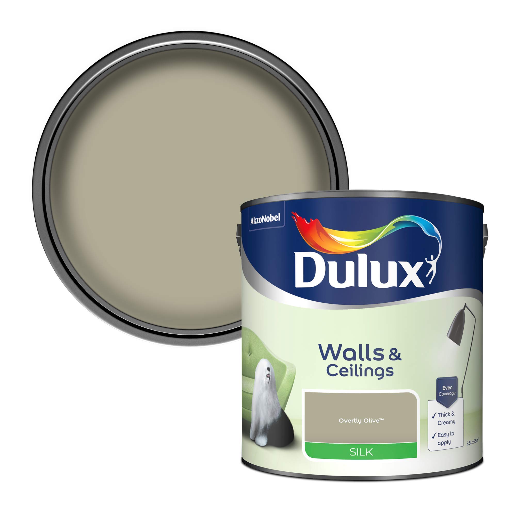 Dulux Walls & Ceilings Silk Emulsion Paint, Overtly Olive, 2.5 Litres