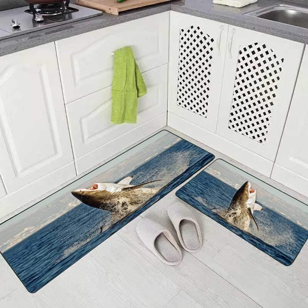 Musesh 2 Pieces Kitchen Rugs and Mats Non Skid Washable Great White Shark in Attack on Seal Hunting of South Africa Kitchen Rug Set 17"X48"+17"X24" Kitchen Carpets and Rugs Modern Kitchen Rug