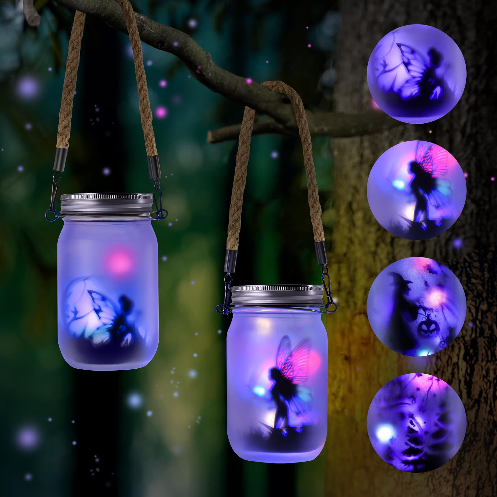 Adiwo 2 Pack Fairy Solar Lantern Outdoor, Garden Ornaments, Solar Fairy Lights, Glass Mason Jar LED Hanging Lamp, IP44 Waterproof Hanging Frosted, for Lawns Patio Garden Terrace(Multicolor)