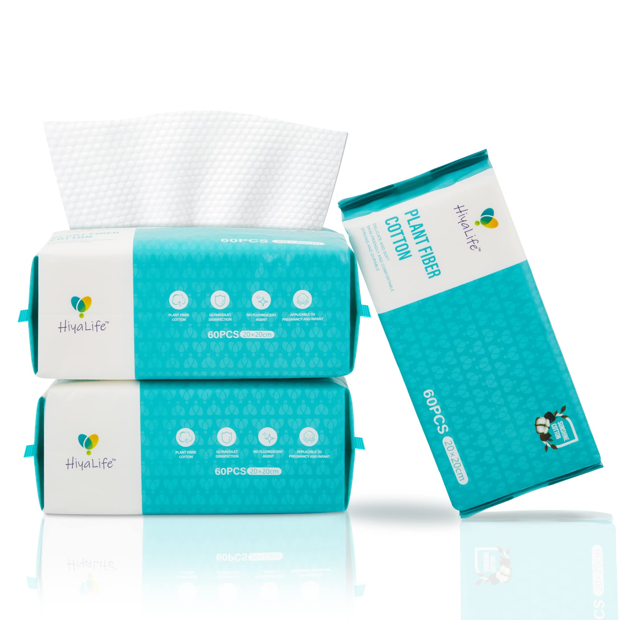 HiyaLife Face Wipes for Adults & Babies Disposable Face Towel Cloths, Biodegradable, Thick, Plant-Based & Absorbent Wipes for Sensitive Skin Travel-Friendly Dry Wipes for Makeup Removal & Skin Care