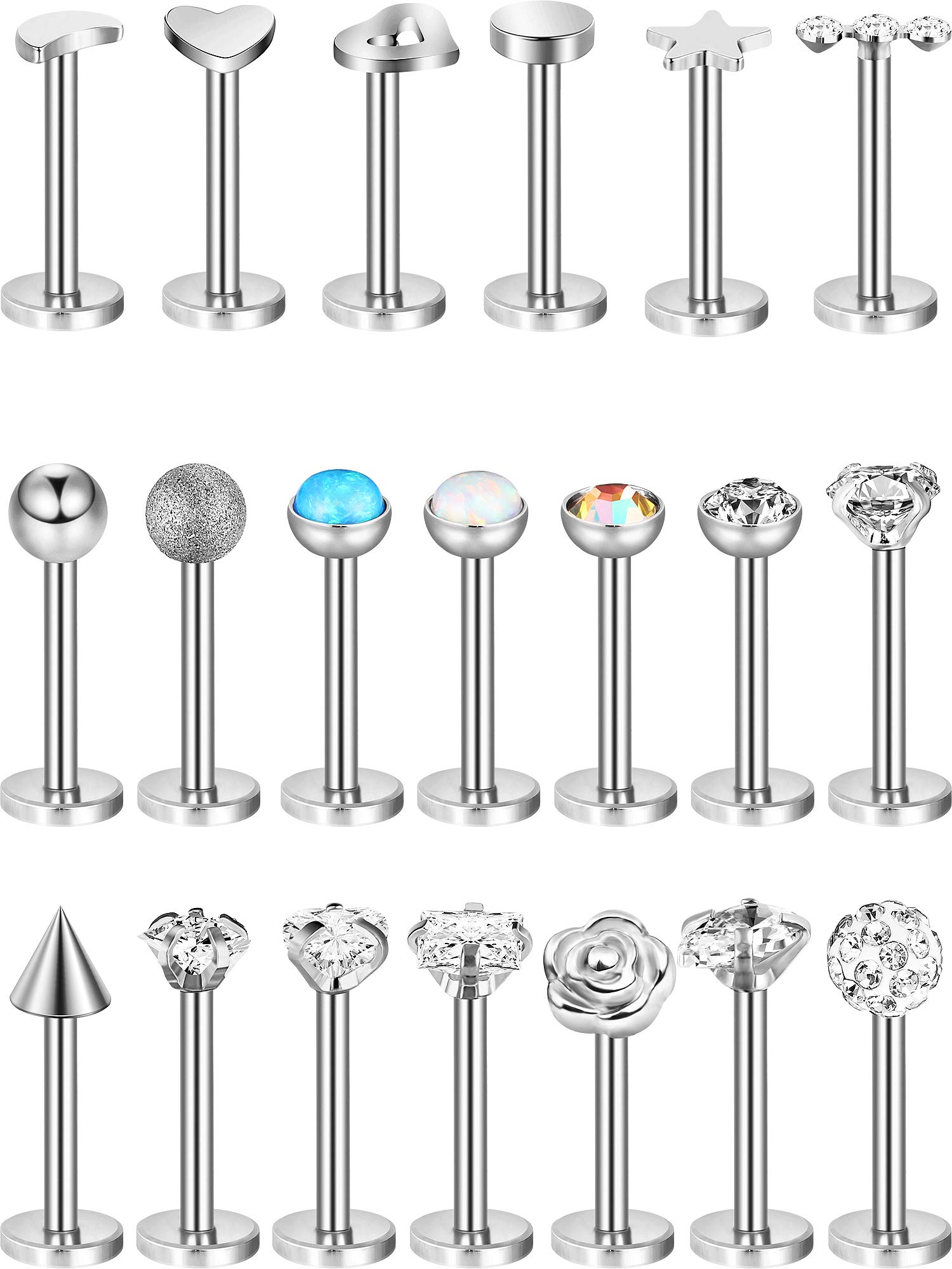 20 Pieces Body Piercing Jewelry Tragus Bars Nose Studs Labret Bars Crystal Style Ball, 20 Styles, 16 Gauge