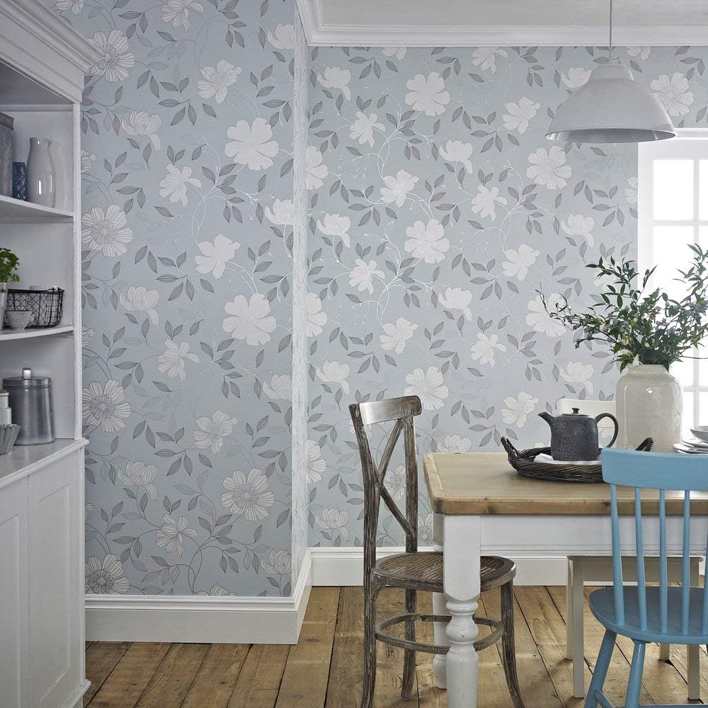 Super fresco Camille Floral Duck Egg Blue Wallpaper Amazon.co.uk DIY