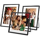 CROXXID Black Floating Picture Frames - Set of 3, for Photo Size 4×4, 4×6, 5×7, Vertical Tabletop Display, Double Glass Metal Frame for Wedding, Home or Office Desk Decoration (Black)