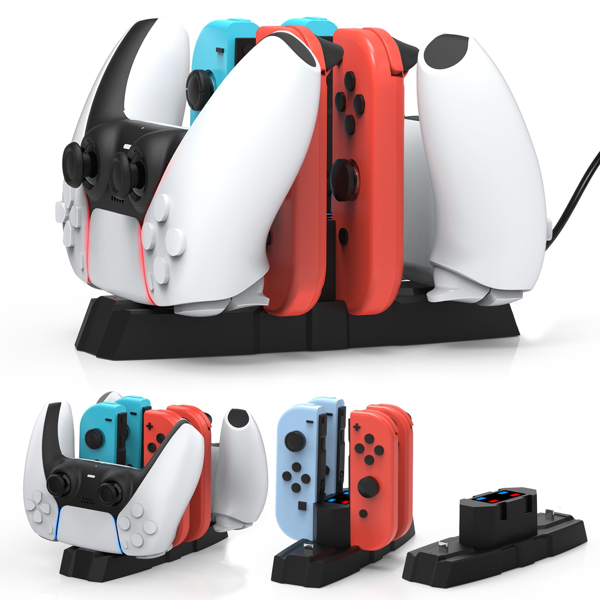 Photo 1 of iPLYGAM Controller Charger Dock for Nintendo Switch Pro Controller/JoyCon, Controllers Charging Dock with LED Indicator and Charger Cable for PS5 Controllers, 6 in 1 Gamepad Charging Stand