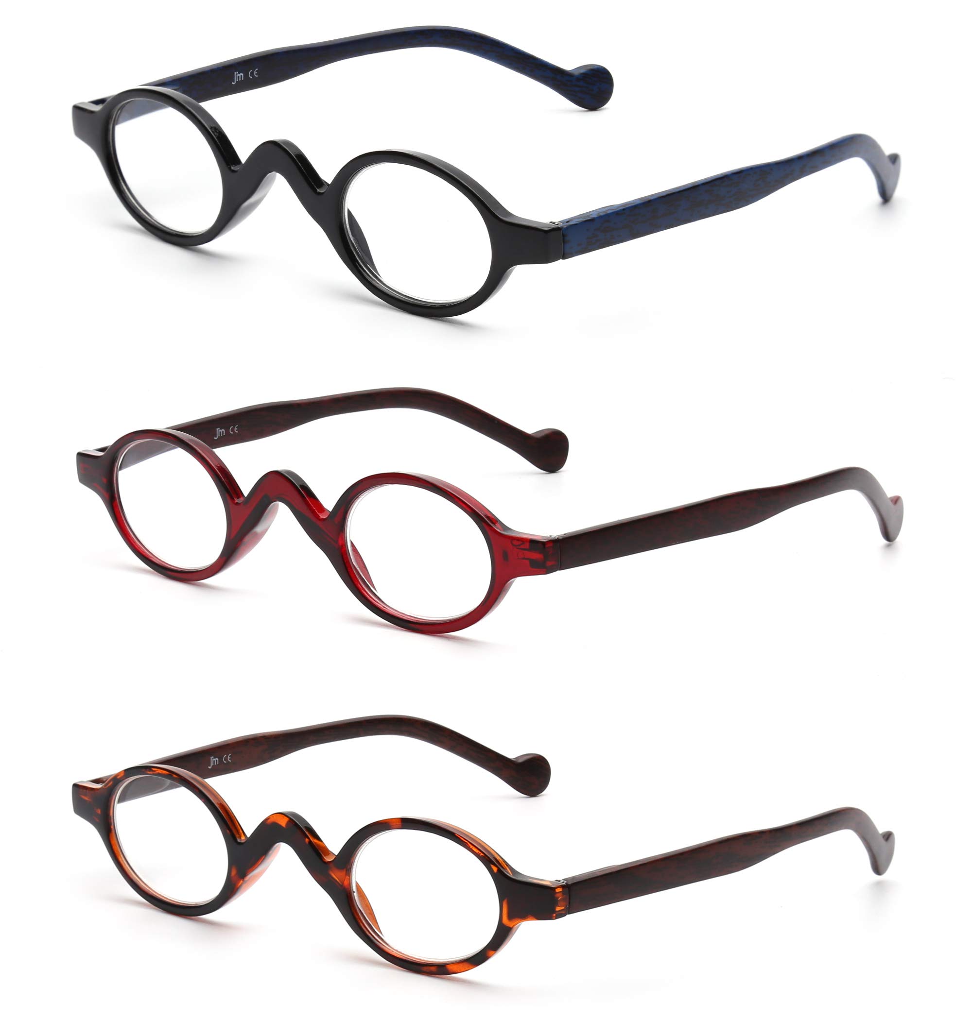 JM 3 Pack Small Oval Reading Glasses Vintage Spring Hinge Glasses for Reader Women +4.0 Black & Red & Tortoise