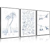 Trendy Coastal Wall Art Set of 3 Blue Seashell Bikini Coquette Posters Prints Coastal Granddaughter Beach House Preppy Aesthetic Wall Decor Pictures for Girly Bedroom Dorm Apartment Unframed 12x16in