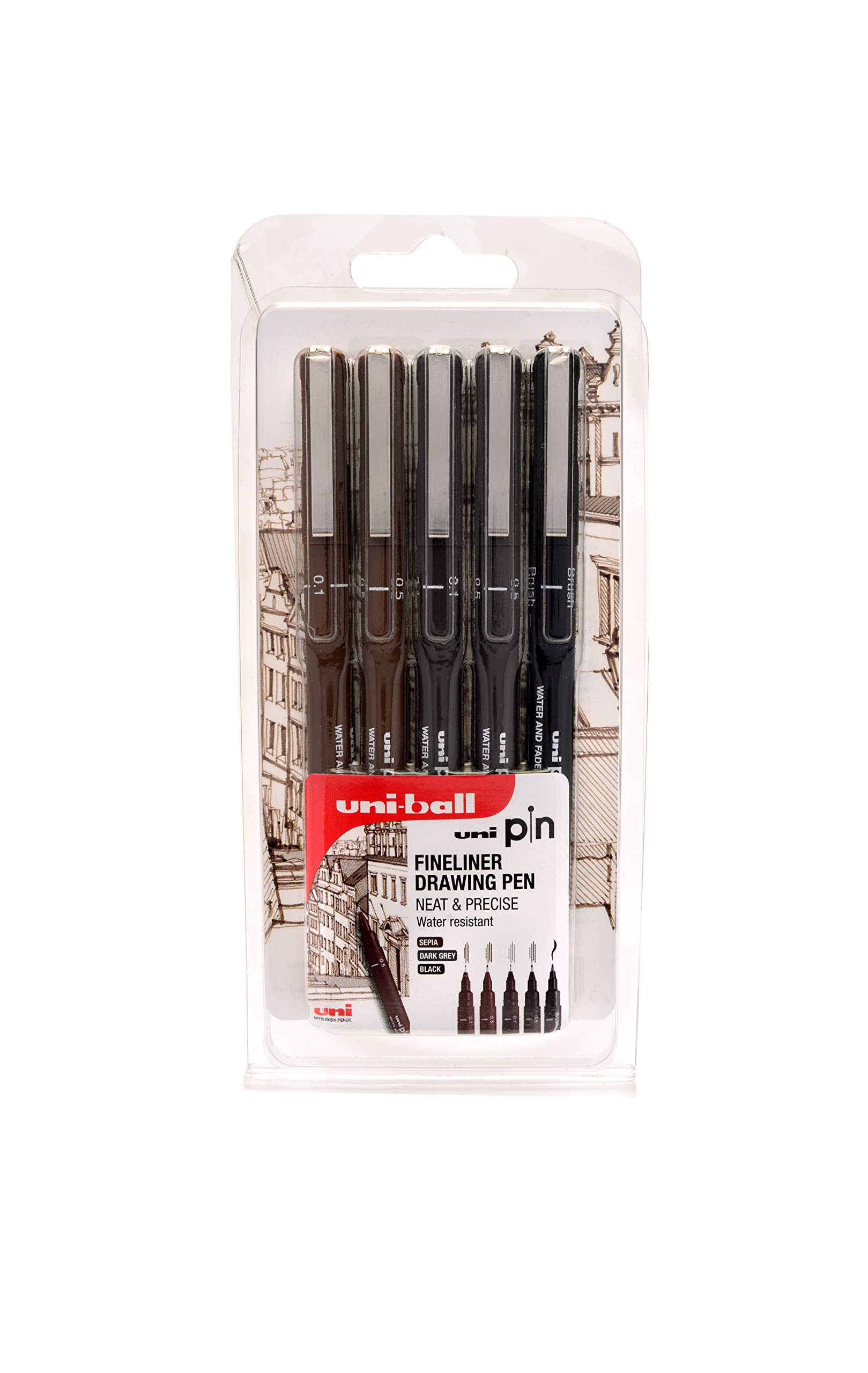 uni-ball PIN 153544968 5pc Fine Liner Drawing Pen, Water Resistant and Fade Resistant, Nib Sizes Sepia: 0.1, 0.5, Dark grey: 0.1, 0.5, Black Brush