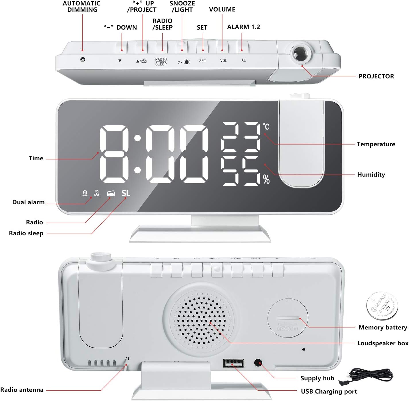 EVILTO Projection Alarm Clock With Dual Alarm7.3'' Large Mirror Radio Digital Clock 180°Projector on Ceiling 4 Dimmer Adjustable Volume Electronic Clock for Bedroom -White - Image 3