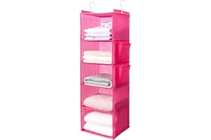BOOMIBOO Hanging Closet Organize and Shelves，5-Hanging Shelf with 2 Side Pockets，Storage Foldable （Pink）
