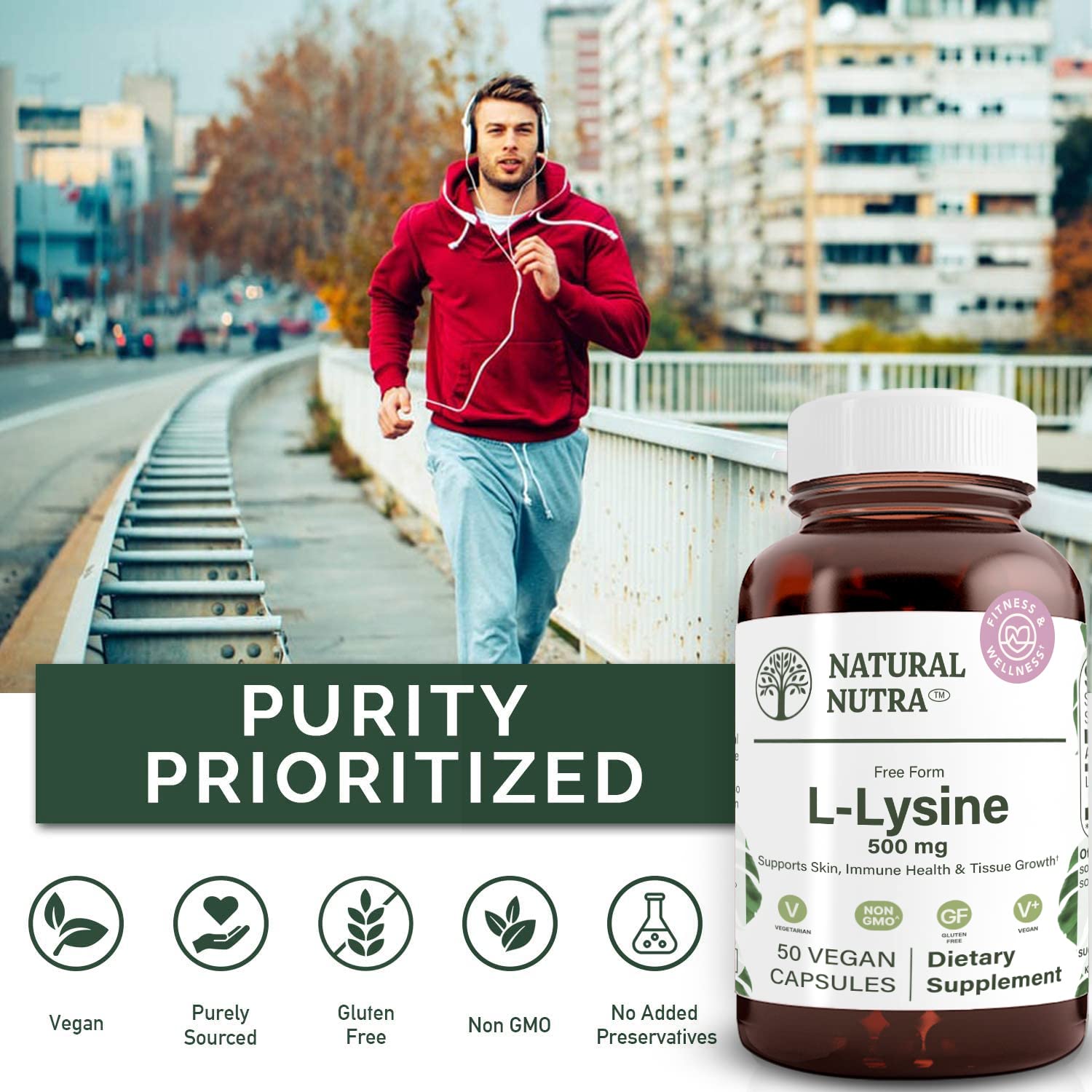 Natural Nutra L Lysine HCl, Promotes Bone Health and Growth, Support Skin Health, Improve Vitamin C Absorption, Helps Built Collagen, Improve Calcium Absorption, Non-GMO, Vegan, 500 mg, 50 Capsules.