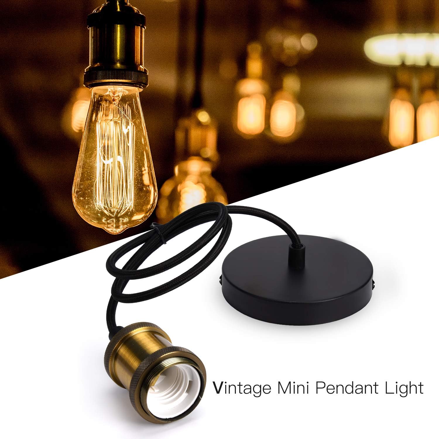 Industrial Mini Pendant Light JACKYLED Single Vintage Socket E26 E27 Lampholder Black Woven Fabric Pendant Light Cord Adjustable Hanging Light Kit - - 