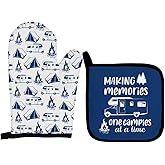 Qeheb RV Camping Gifts Blue Oven Mitts and Pot Holders Sets, Camper Gifts Oven Mitts, Making Memories One Campies at a Time Over Mittens for Kitchen Decor, RV Camping Over Gloves Gifts