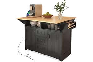 Lahoomu 55.7'' Large Kitchen Island Black with 2 Drop Leaf, Rolling Kitchen Cart on 5 Wheels with Power Outlet, Folding Stora