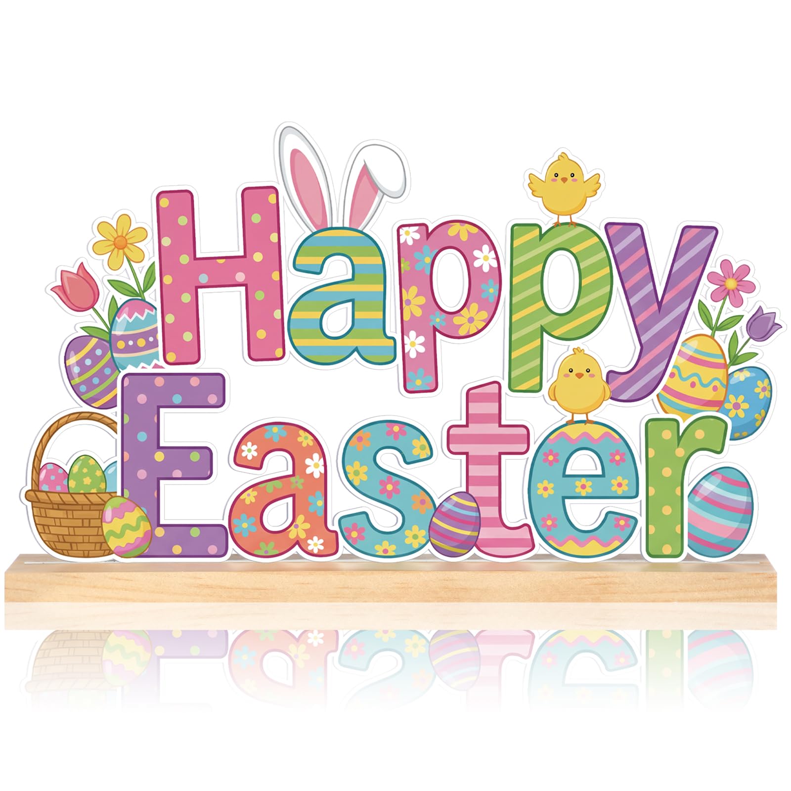 Roowest Metal Happy Easter Tabletop Sign Easter Table Decor with Bunny Chick Egg Rustic Freestanding Holiday Tiered Tray Decoration for Home Office Desk Shelf Mantel Fireplace Party Decor Spring Gift