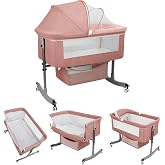 sxvbdway Bedside Bassinet Baby Crib, 3-in-1 Bedside Crib, 6 Levels Height Adjustable Baby Crib with Basket &amp; Mosquito Net, Wheels, Portable Newborn Infant Cradle Bassinet Pink