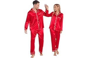 Ekouaer Couples Matching Pajamas Silk Long Sleeve Sleepwear Satin Soft Button Down Loungewear Pjs Set