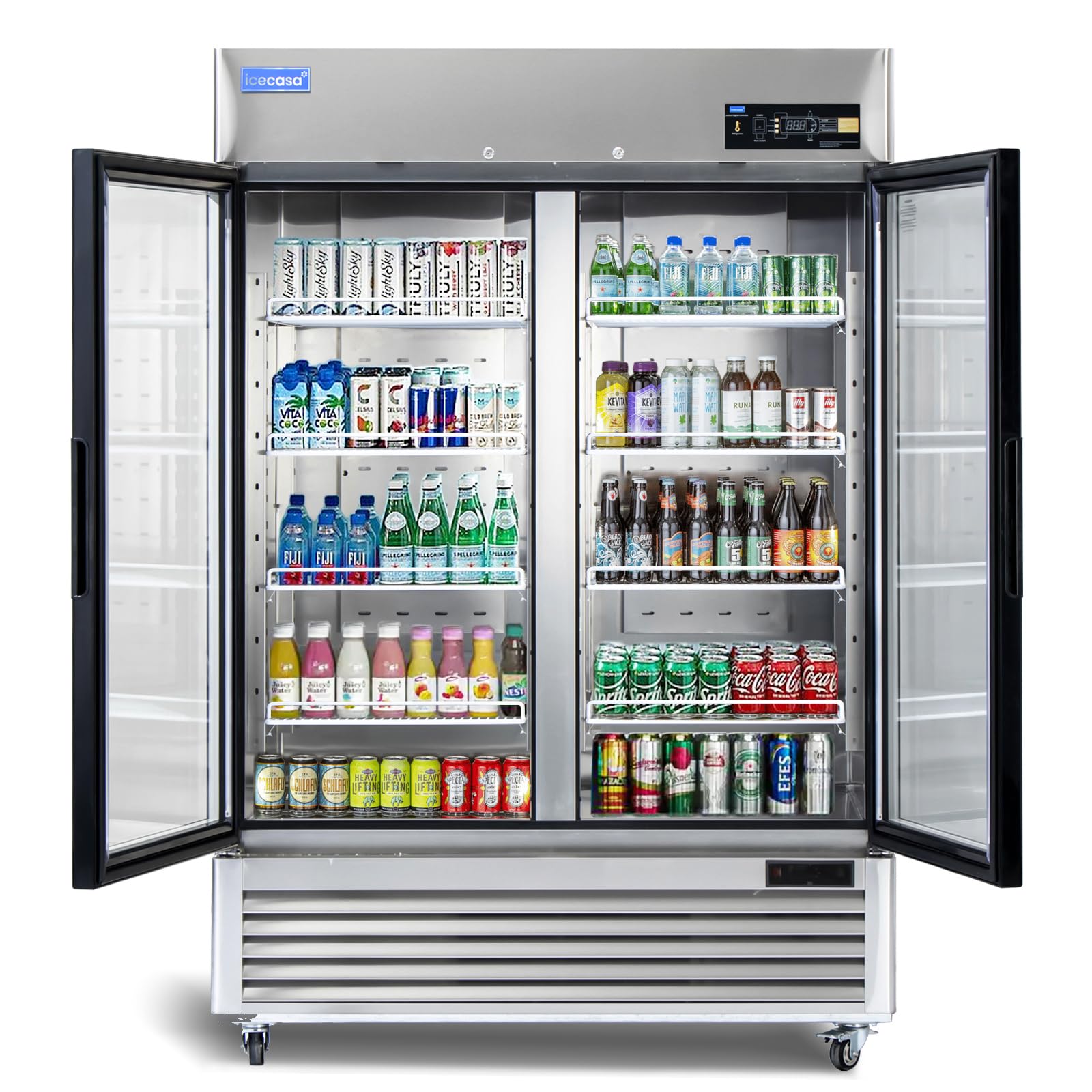 ICECASA 54" W Commercial Display Refrigerator 2 Glass Door Merchandiser Reach-in 49 Cu.ft Stainless Steel Display Refrigerator Fan Cooling for Restuarant, Bar, Shop, etc