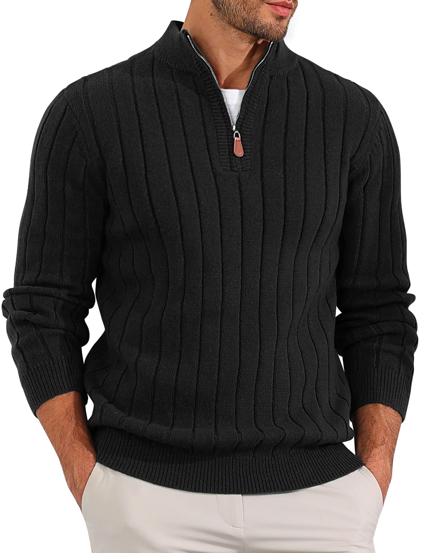 ZAFUL Mens Quarter Zip Sweater Mock Neck Casual Fall Winter Warm Ribbed Knit Pullover Sweater Black M