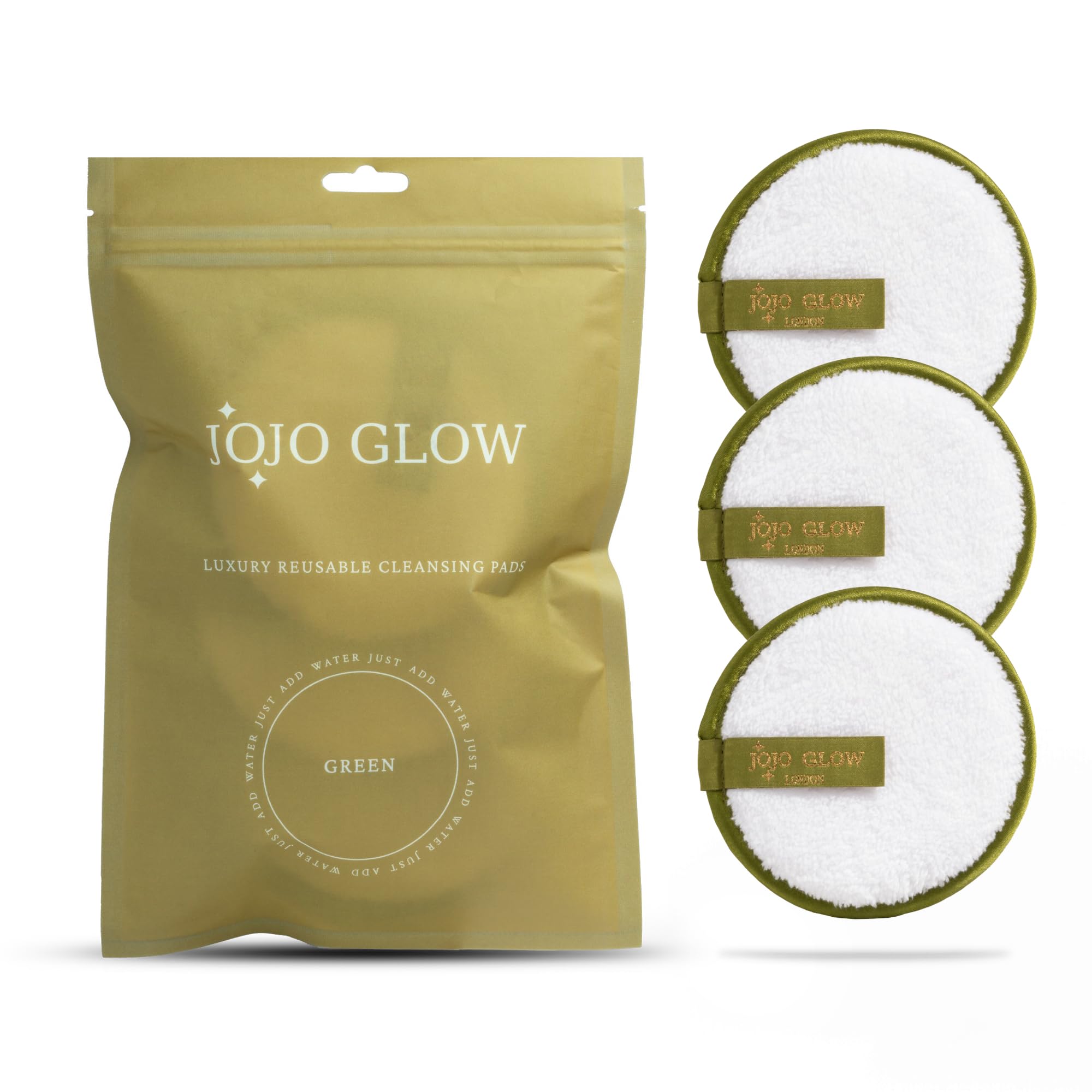 JoJo Glow Reusable Makeup Remover Pads (Pack of 3), Green – Microfibre Facial Cloths | Sustainable, Cruelty-Free, Chemical-Free Eye Makeup Removal with Water Only