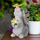 Foyucool Solar Garden Decor Bunny with Flowers Statues Outdoor, Outdoor Figurine Statue Lights, Outdoor Garden Yard Lawn Patio Decoration, Unique House Warming Birthday Present for Women Family