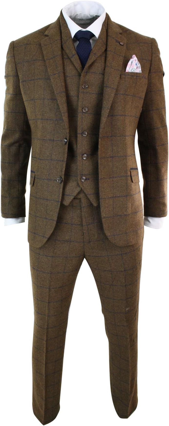 Mens Herringbone Tweed Tan Brown Check 3 Piece Wool Suit Navy