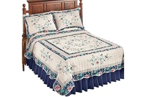 Collections Etc Felicity Multicolored Floral Diamond Ivory Quilt with Scalloped Edges and Navy Border - Microfiber Bedding, Blue/Pink, Full/Queen