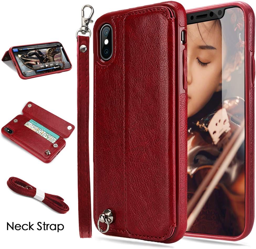 iPhone X Case,iPhone Xs Case,iPhone X&XS Wallet Case, CASEOWL iPhone X&XS Case Wallet Leather Flip Card Slot Holder,Wristlet,Neck Strap,Kick-Stand,Shockproof Slim Case for iPhone X/XS/10/10S-Red