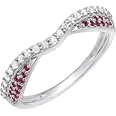14K Solid Gold Round Ruby & White Diamond Womens Anniversary Wedding Band Stackable Ring