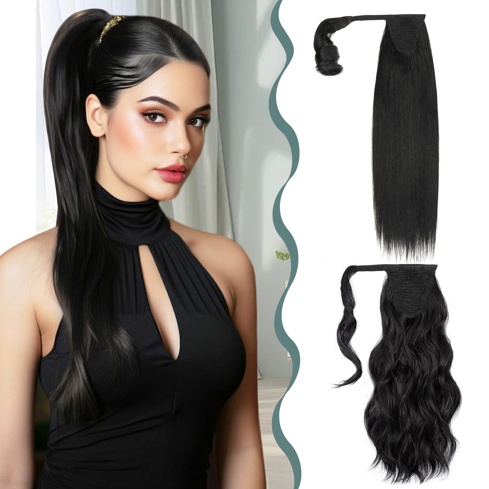 BHF Hair Extensions - Clip In Hair Extensions Wrap Around Ponytail Extension Long Straight Ponytail Hairpiece Fluffy Hair Ponytail Extension Synthetic Fiber Fake Ponytail for Women（Black 22'' 130g）