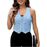 Ladyful Womens Crop Denim Vest Top Sleevelesss V Neck Jean Waistcoat Vest