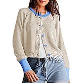 Saodimallsu Womens Cropped Cardigan Sweaters Button Down Open Front Long Sleeve Fall Trendy Color Block Knit Coats