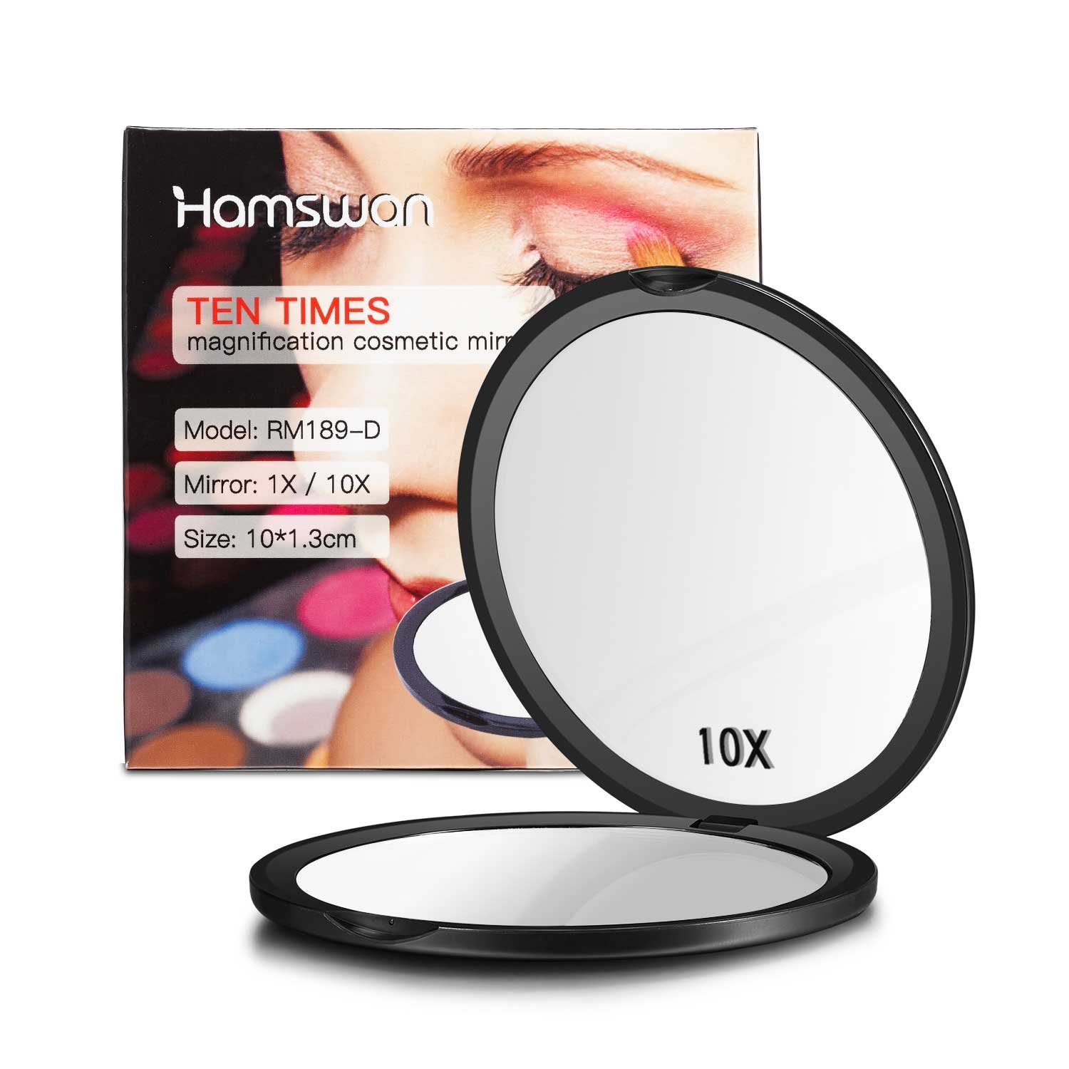 [Gifts for New Year] HAMSWAN Compact Makeup Mirror Pocket Mirror Portable Foldable Double Sided Mirrors with 10 x Magnification for Wedding Birthday Anniversary Gift and Travel (Black)
