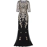 Vijiv Vintage 1920s Long Wedding Prom Dresses 2/3 Sleeve Sequin Party Evening Gown