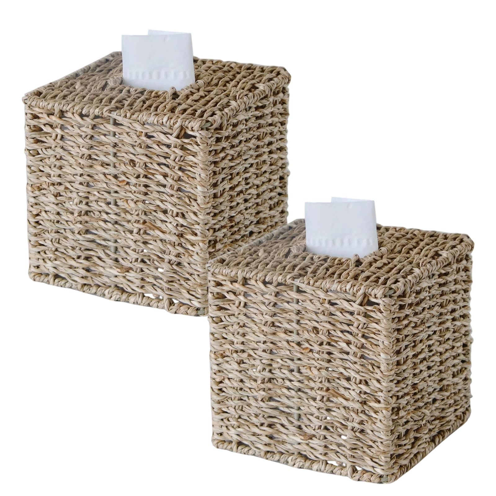 2 Pack Seagrass Tissue Box Cover, Wicker Tissue Box Holder Square, Hand Woven Cube Tissue Box Cover Tissue Holder for Bathroom Living Room Kitchen Office, Natural