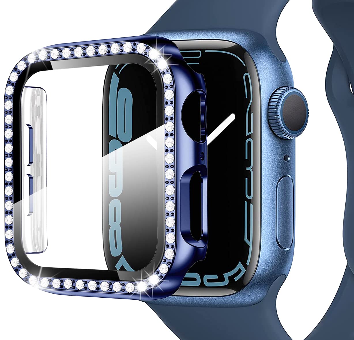 Miimall Bling Case Compatible for Apple Watch Series 8/7 45mm, PC Case with Tempered Glass Screen Protector&Crystal Diamonds, Ultra-Thin Full Protective Woman Bumper Cover for iWatch 8 45mm-Blue