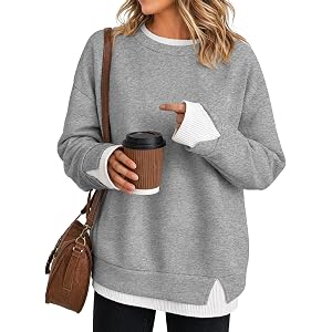 Fisoew Women Crewneck Sweatshirts Long Sleeve Loose Fit Fall Pullover Tops | Teacher Outfits, Side Slits, Faux Layered, Drop