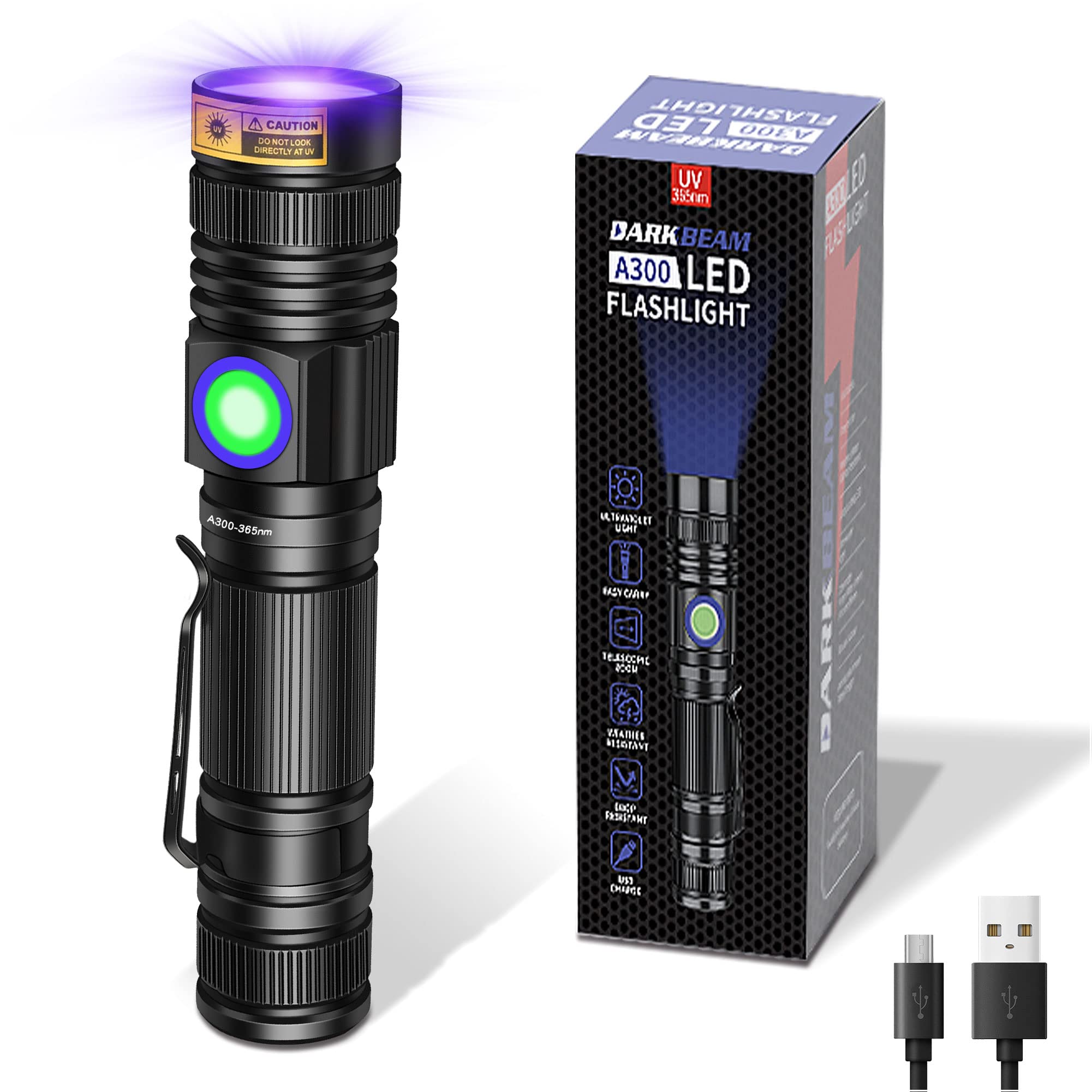 DARKBEAM UV Light Torch Ultraviolet Flashlight Rechargeable 365nm, Wood's Lamp Black Light Blacklight Portable Mini Handheld LED Pet Urine Ringworm Detector, Resin Curing, Pocket-Sized with Clip 370nm