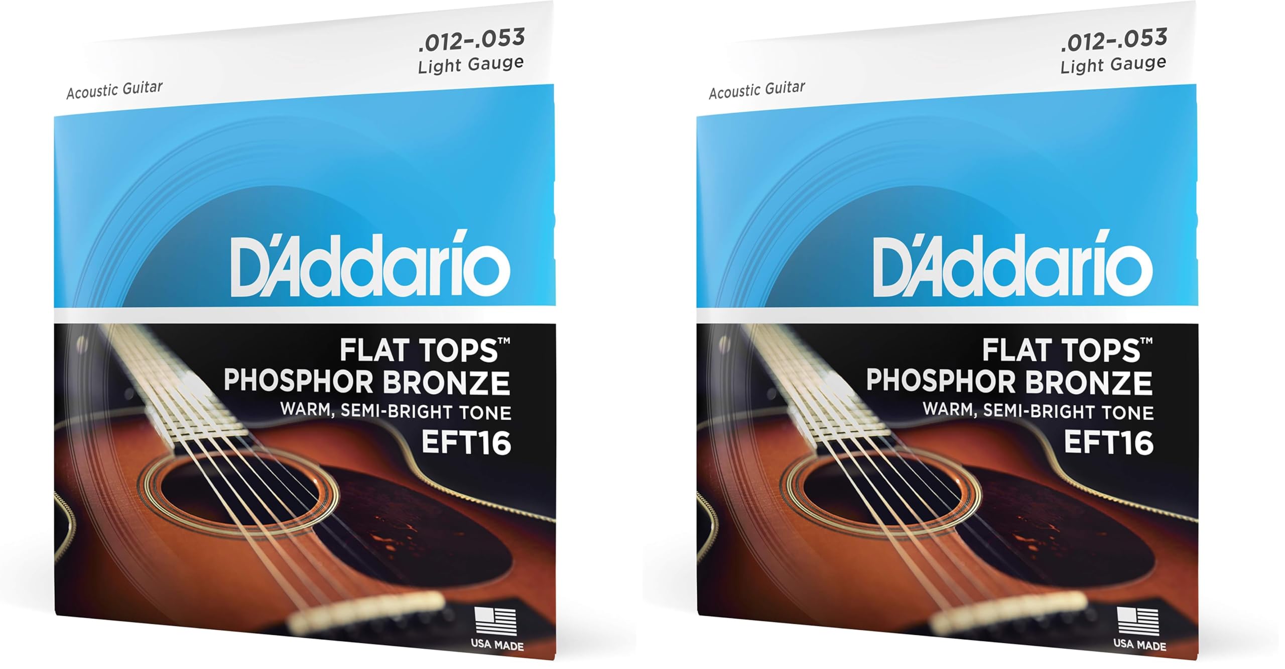 D'Addario Guitar Strings - Acoustic Guitar Strings - Flat Tops Phosphor Bronze - For 6 String Guitar - Warm, Semi-Bright Tone - EFT16 - Light, 12-53 (Pack of 2) Image