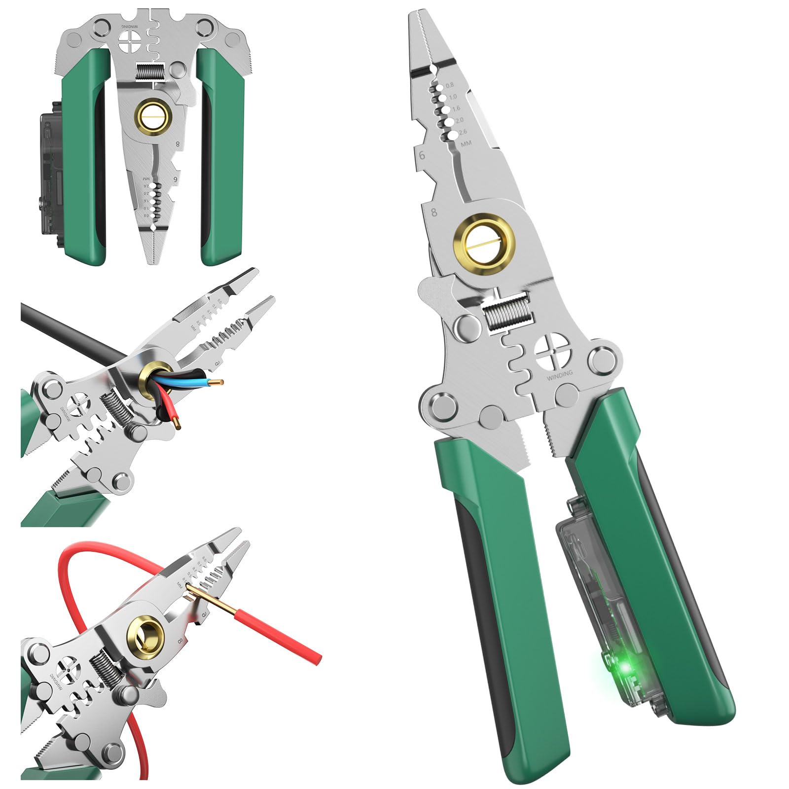 8 in 1 Wire Stripper with Voltage Tester, 2025 New Heavy Duty Wire Crimper Electrical Pliers, Electrician Tools, Noise Alarm, Hot/Neutral Detector for 12-250V AC/DC