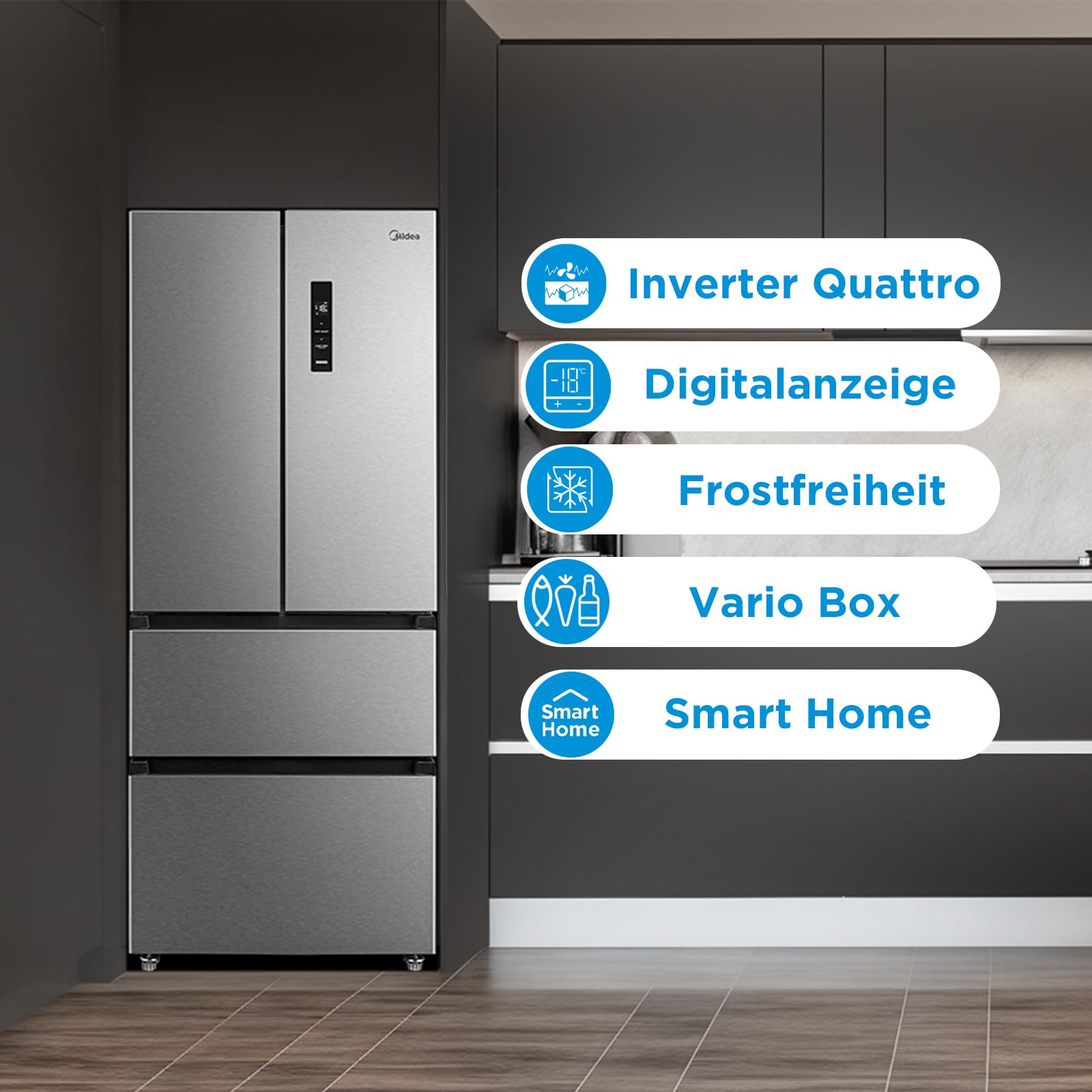 Midea French Door Kühl-Gefrierkombination/391 Liter NoFrost/Smart WiFi, Inverter & VarioBox/Energiesparend& Extrem Leise/Für Große Familien MERF402FIE02 2