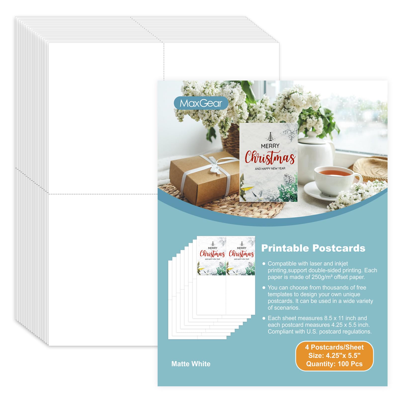 Photo 1 of +3 PACK+++MaxGear Postcards Blank Printable Postcards Paper, Thank You Card for Laser and Inkjet Printer, Heavyweight Perforated Cardstock, 4 Printable Cards/Sheet, 100 Christmas Gift Cards, 4.25" x 5.5"