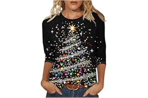 Yihaojia Christmas Shirts for Women 3/4 Sleeve T-Shirts Cute Funny Xmas Tree Print Ugly Christmas Crewneck Tee Tops