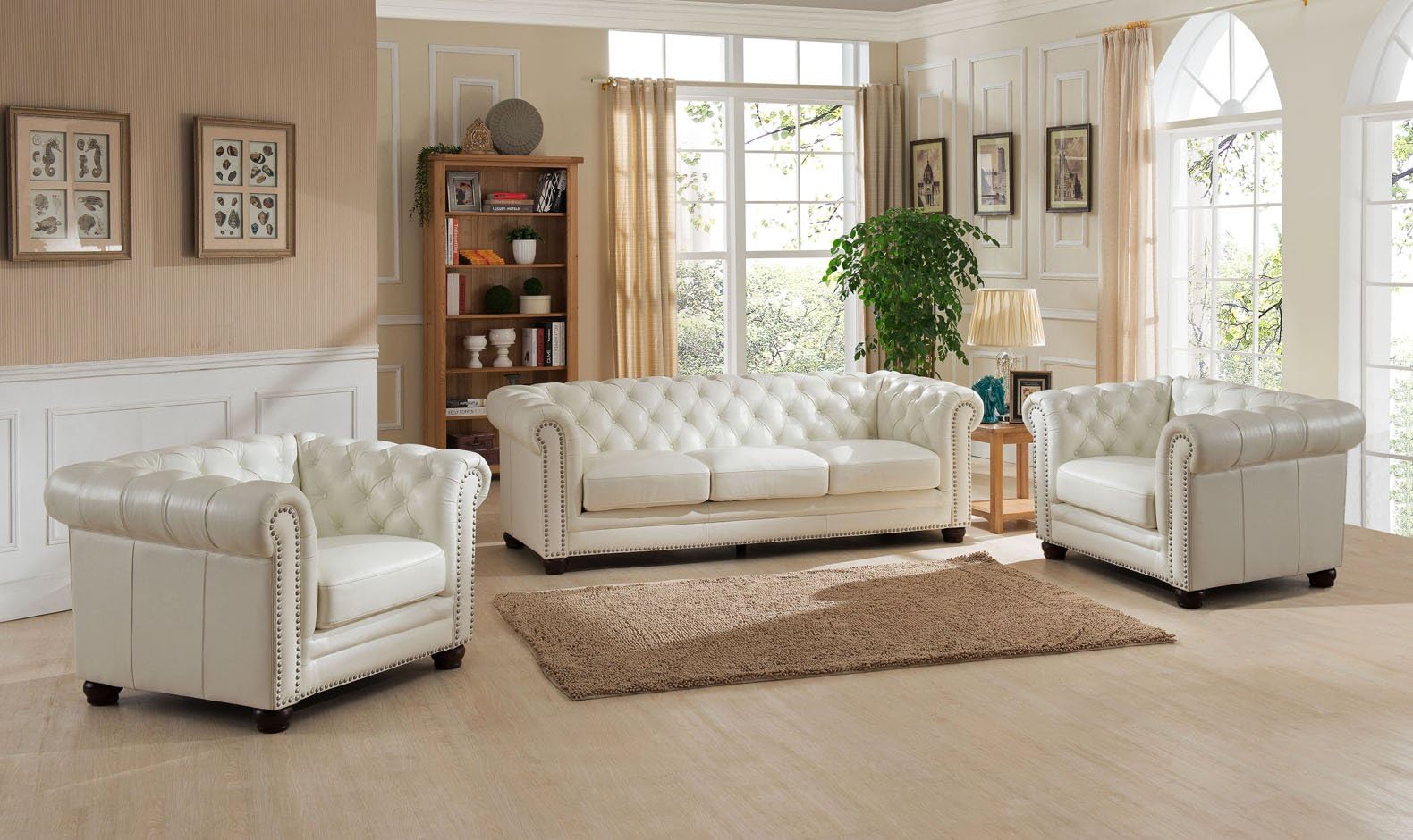 Hydeline Monaco 100% Leather 3 Piece Sofa Set, Pearl White