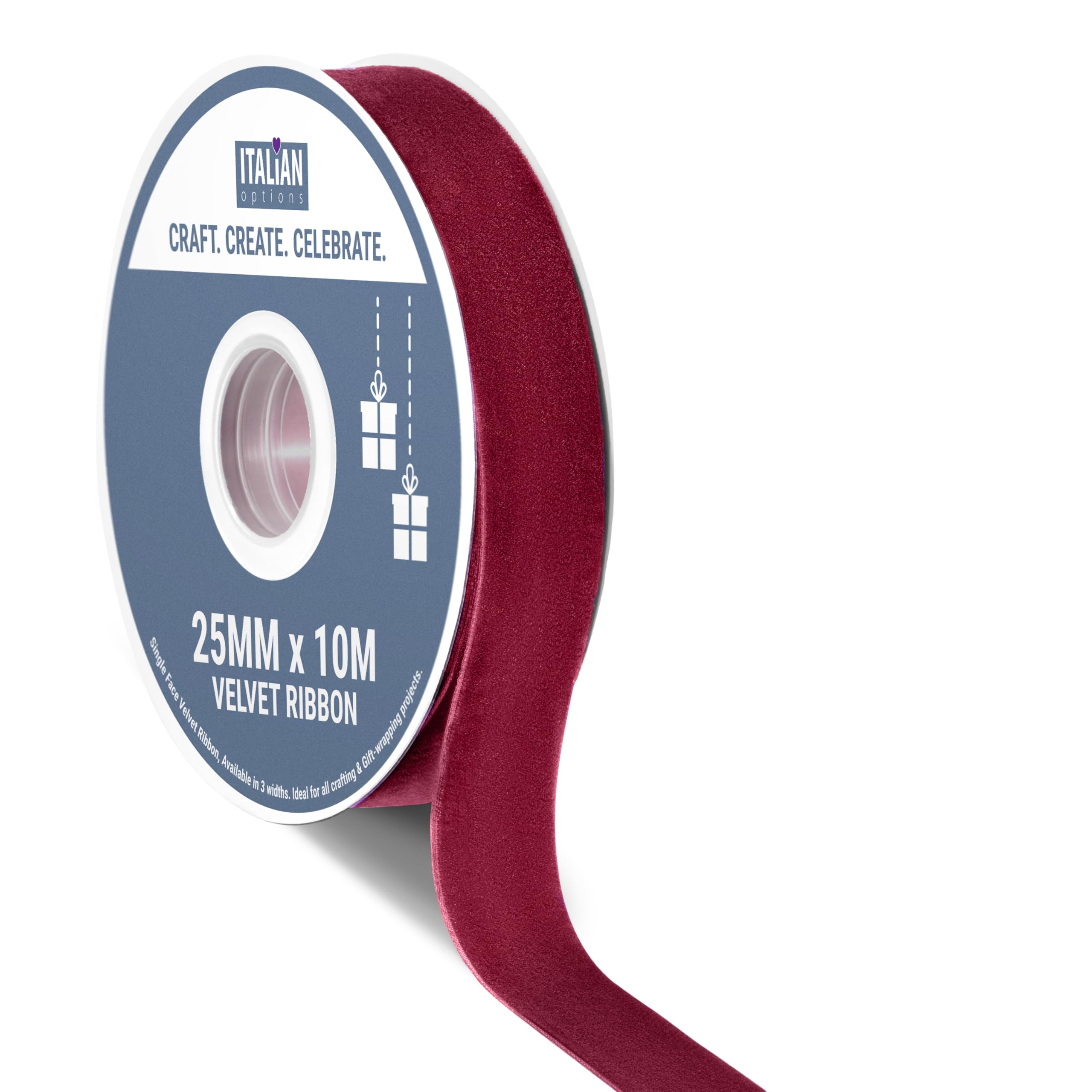 Italian Options Velvet Ribbon, Luxury, Single-Face Velvet Ribbon for Crafting, Christmas, Bows, Hair, Cakes, Weddings, Ornaments, Gift Wrapping, Flowers, 25mm x 10 Metre Roll, Burgundy