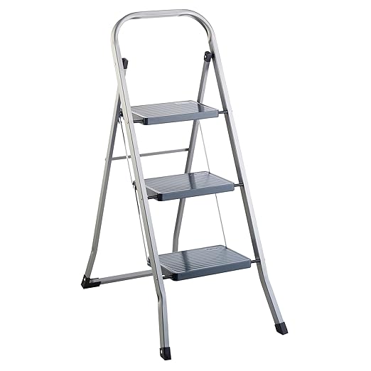 Ribelli Klapptritt Stahl 3 Stufen Haushaltsleiter Stehleiter Sprossenleiter Klappleiter bis 150 kg aus Metall Silber/schwarz 